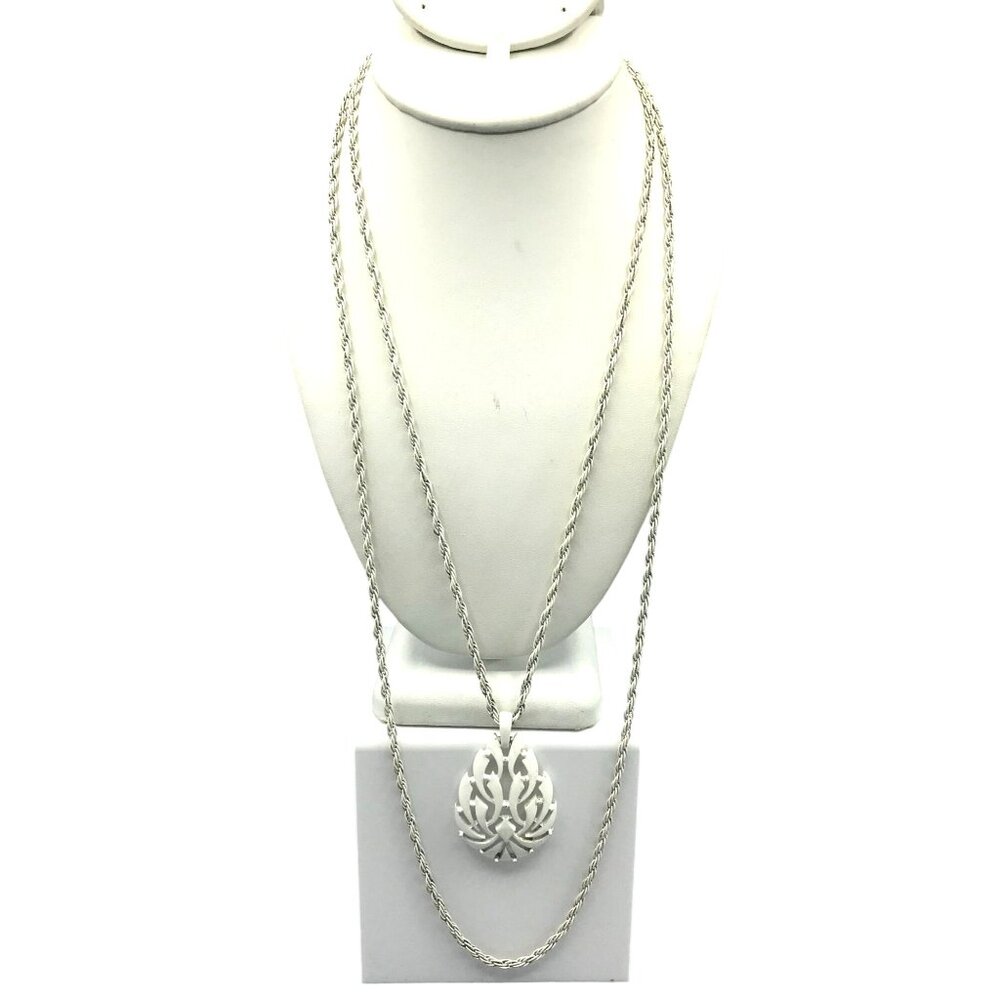 Crown Trifari Enamel Chain Necklace, Double Strand Vintage with White Mod